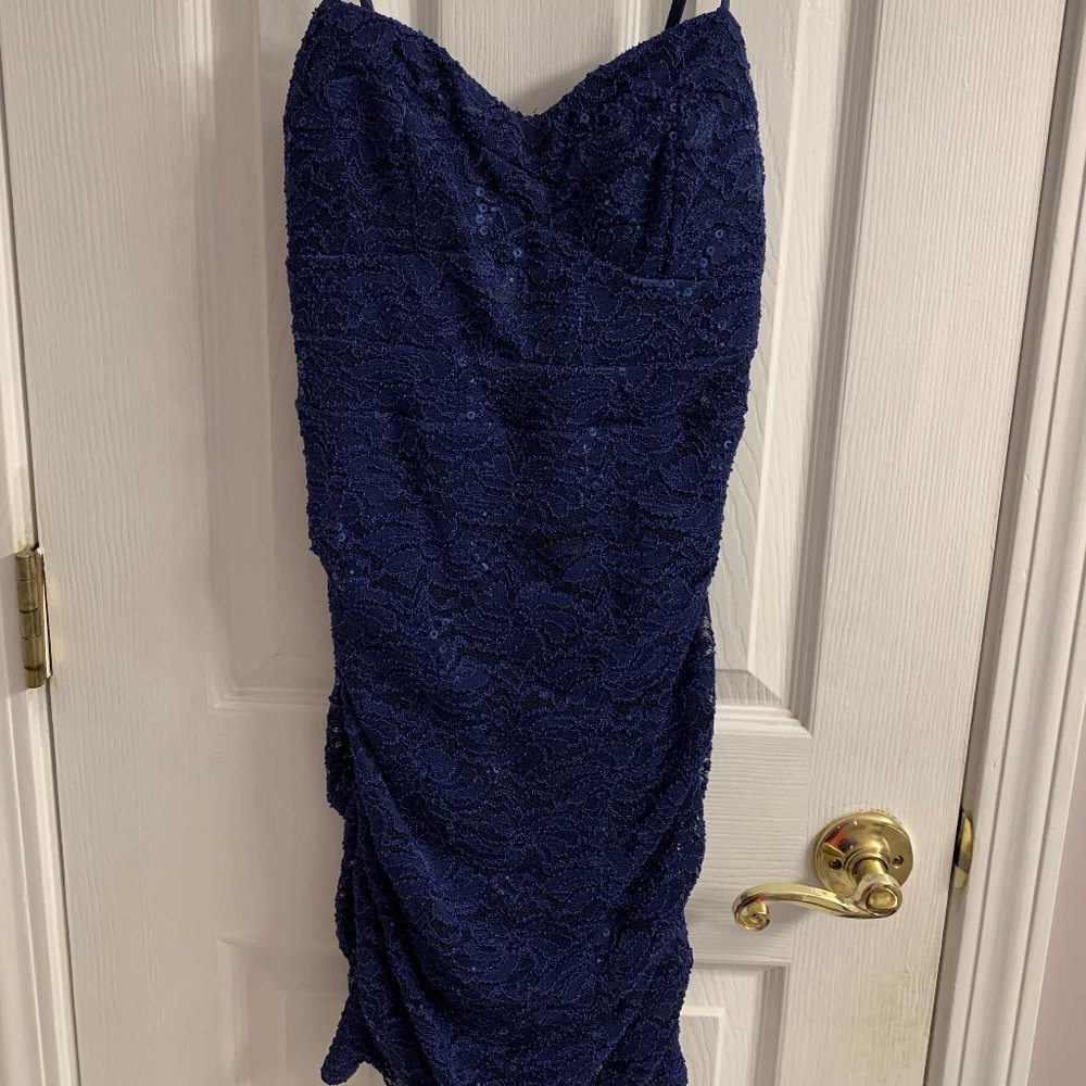 Sexy Navy Lace sequin ruched body con dress